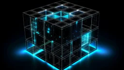 Cube tesseract located strictly in the middle of picture with space around it and with glow in tesseract, but without glow below it, without background or table. For 404 error page.