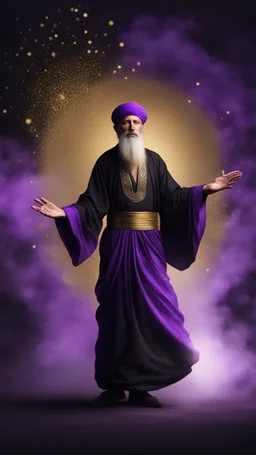 Hyper Realistic Old Male Sufi Whirling with Black, & Purple Islamic Sufi Rustic Grunge Background with golden sparkles & fog around at night.