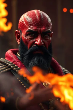 President Sadam Husain , red skin, scales, unreal engine 6, high detail, intricate, cinematic. photoshoot style, intricate, studio lighting, masterpiece , highly detailed, 8k, best quality, fire, smoke, dramatic,d,<lora:mshn:0.7>,<lyco:Warrior_Couture:0.5>,