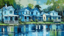 Ribereños — barrios ribereños como casas alineadas al agua, reflejos vibrantes y humedad permanente, en óleo fluido y tonos azules.