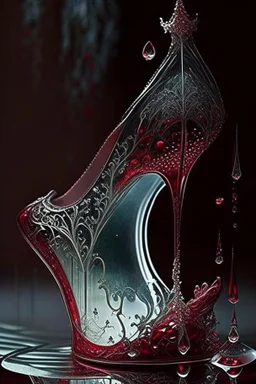 dark fantasy, intricate cover, a whimsical fairytale, translucent shoe made of glass with drops of blood underneath