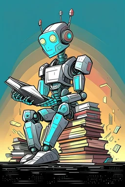 generate a front cover representation of Ai attractive small female humanoid bot sitting on a pile of books in a comic book style