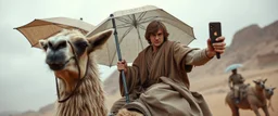 luke skywalker riding lama with umbrella taking a selfie