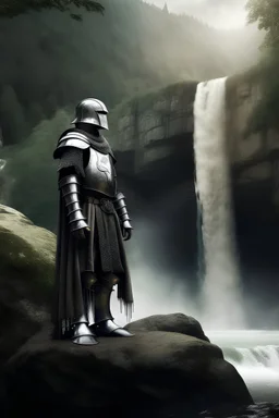 MEDIEVAL KNIGHT WITH WATERFALL BACKGROUND TURNING HIS HEAD