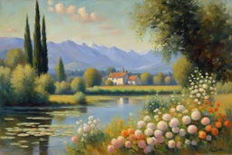 Sunny day, mountains, river, distant house, flowers, trees, claude monet and friedrich eckenfelder impressionism paintings