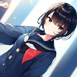 Clear focus, High resolution, short black hair, black eyes, wearing a sailor uniform, ZMO.AI