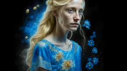 Middle Ages, fine charcoal drawing, watercolor, gouache, acrylic, portrait of a beautiful blonde 20 years old, airy dress, double exposure, fantasy, water, blue, loose hair, flower, glare, sparkles, gold, clear lines, high resolution, 3D , photorealism, precise focus