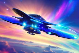 a cosmic beautiful flying saucer made of crystals and light is flyng INA MAGIC BRIGHT SKY OF A GALAXY. IT IS PASSED BY A VERTICAL SHINE FROM TOP TO BOTTOM. IT'S FLYNG ON A FAIRY Landscape