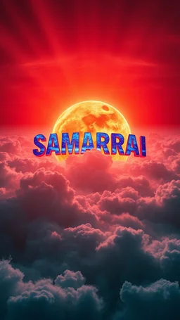 A huge ball of fire above swirling “ clouds, the word “ SAMARRAI “ in 3D color blue emerges from the heart of a raging storm , all red. Turbulent winds of steam swirl around the sun lit by shafts of sunlight that cast dramatic shadows on the A beautiful sun , all in red colours , High quality 16k cinematic scene and great photography