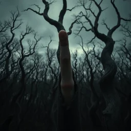A dense, shadow-filled forest at twilight beneath a gloomy, overcast grey sky, the trees twisted and unnaturally shaped. Their bark slowly cracks open to reveal countless human fingers peering out, blinking silently. Camera zooms in closely on a single, large finger embedded deeply into the trunk, fixating intensely on the viewer as thin veins pulse and dark fluid begins seeping gently down the bark.