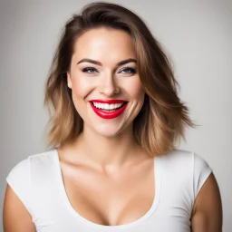 A lovely, buxom, Caucasian woman with bright red lipstick wearing a tight T-shirt laughing joyously