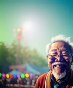 Ultra Realistic photo, medium shot view, drunken sweet happy old Asian man, carnival scene, monster hair, steampunk style. Red hair, confeti, smile, happy, festival, ovnis, gradient color fog. highly detailed, concept art, unreal engine 5, ray tracing, RTX, lumen lighting, ultra detail, volumetric lighting, 3d, finely drawn, high definition, high resolution.