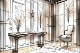 Stages of analysis of the feather in the wedding boutique, sketch drawings in interior design