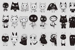 6 simple shaped hand drawn cartoon characters that are cute dark and have hoodies