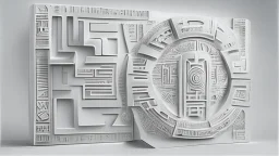 futuristic, realistic, mayan lettering on white matte metal plate