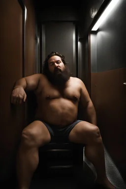 full figure photography of a sicilian man 33 year old man similar to bud spencer chubby muscular bearded sleeping, open mouth, shirtless, manly chest, short beard, long hair, closed eyes, big belly, sitting in a dark elevator, dim top light, completely wet, photorealistic, ambient occlusion , view from the ground