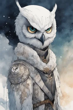 ink wash and watercolor illustration of a whimsical hybrid Snowy Owl girl concept character, ornately dressed with highly detailed feathers and facial features in the comic book style of Bill Sienkiewicz and Jean Giraud Moebius, with a fine art aesthetic, highly detailed , boldly inked, 4k UHD cinegraphic quality