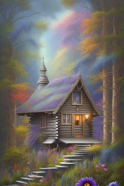 sharp focus, fine detail, romanticism, fine detail mystical forest, wooden cabin, acrylic paint, mystical, purple blue yellow silver teal black olive azure, red, pink, brown, flowers,