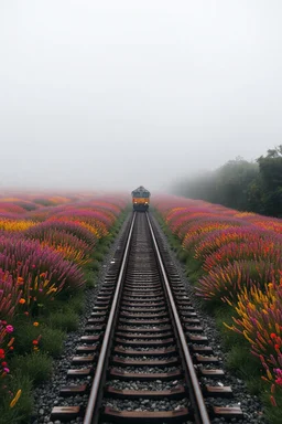 a train tracks in the middle of colorful wild flours , a train shows in distances coming forward , foggy, cloudy gray sky