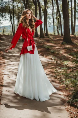 fullbody shot of young-beautiful-girl-with-a-perfect-face in green trees