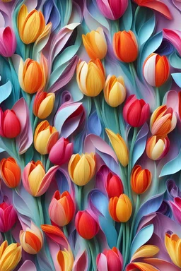 Seamless colorful 3D pattern of elegant tulips, repeating textures, glamorous, elegant shiny, quilling art style, 8k, 3D art style, cute and quirky, digital print, soft lighting, highly detailed clean, 3D paper quilling art style, professional photography, joyful and overflowing design