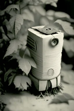 rollerflex photograph 1950s, dusty, robot made from toilet paper and infected with ivy, 4k, f1.2 50mm