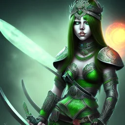 lady warrior with green top and black eyes and flower