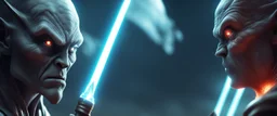 Close-up confrontation between an ancient alien outcast leader and a space broker, standing only a meter apart, intense eye contact, glowing crystalline rod between them, anger mixed with sadness, dramatic facial expressions, shallow depth of field, cinematic lighting, stylized 3D anime, airbrush painting, crisp outlines