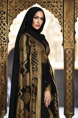 Megan Fox wearing hijab islamic culture dress black Moroccan caftan 4k golden patterns high qualité