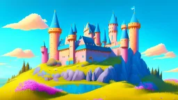 Single castle on a hill, Pink walls, orange towers, yellow flowers on the ground, dark blue roof and aqua blue sky and moat, very detailed and realistic