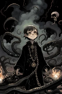 7 year old boy, necromancer, friendly, with tentacle coming out of his stomach, surrounded by weird smoke with eyes, wearing black robes, in the style of Harry Clarke