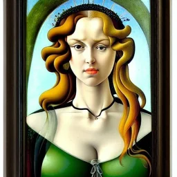 portrait of a beautiful busty Black Widow with green eyes by Sandro Botticelli style