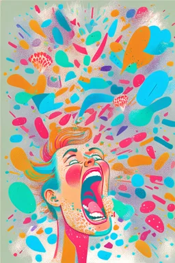 A Hedof illustration style with an open mouth drawing. The mouth is floating on the center of a white background. There is people and confetti coming out of the mouth like they are having fun