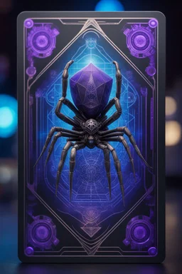 sacred geometry framed playing card, black, blue and purple drum set spider cyber punk dancer thief in witch hat shadows boss card in the style of Giger and fallout 4 ,bokeh like f/0.8, tilt-shift lens 8k, high detail, smooth render, down-light, unreal engine