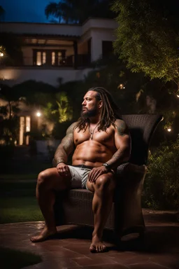 half figure shot photography of a burly heavyset gipsy shirtless man, 35 years old in bulging shorts, tattoo, manly chest, short dreadlocks , sweat, wet, relaxing on a chair, in a private elegant garden of a villa, raining nighttime, big shoulders, big tights, ambient occlusion, photorealistic, frontal view from the ground, dim light from little bulbs