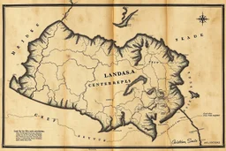 a scan of an ancient Cree Anishinaabe land map, printed black and white but has since been stained and weathered