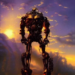 terminator, sunset, scary, shadows, top light, backlighting, oil painting by by gerald brom thomas kinkade frank frazetta