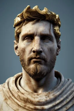 Realistic image, Roman sculpture made in marble with gold veins, Lionel messi, gold laurel leaves crown, waist up portrait,marble material, gold ornaments, Renaissance style, sun rays background, epic, celestial, cinematic lighting, God lights, 4k resolution, smooth details, soft lighting, unreal engine 5, art station, substance 3d.