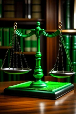 The scales of justice are placed on a desk with a green flag behind it