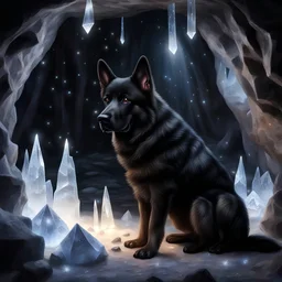 Hyper Realistic big black German-shepherd guarding white crystals with fireflies in a cave at night