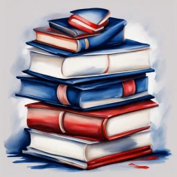 Hand drawn illustration, oil painting, in the style of Easter illustrations, midnight blue and red, stack of books with airbrush tape, white background only