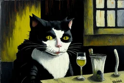 macskássy izolda, childrens book illustration, a frightened looking black and white cat with a cigarette in his mouth, a glass of whiskey in his hand, looking just at us in a smoky pub van eyck, painted on rough canvas with exaggerated lines, sharp brushstrokes, dripping, plastic paint watercolor and ink, oil on canvas S<AI jean baptiste monge