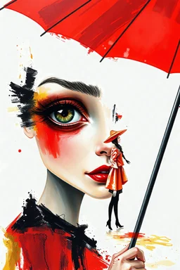 Digital surreal mixed media exposure photography, a sharp tearful big eye, between brush strokes thick of knife palette paint, a woman's face half. Sharp focus on large eyes, white background, hand-painted oil thick watercolor gold painting on canvas, mixed media portrait of a strange thin woman, sensuality walking holding a red umbrella, bold red, opaque black, orange mixed with opaque yellow. Minimalist artistic abstract creation, high quality photography, aesthetic.