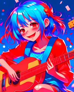 Art style Anime manga, Girl with blue hair playing a red magic guitar, several musical notes behind her, light red eye color, wears casual clothes but involves music, She smiles while playing with one of her eyes closed