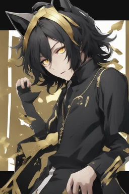 Realistic anime man with messy black hair, black cat ears, gold eyes