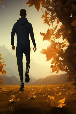 running alien portrait , black jogging suite , in the sunset Alps, golden light , holding leaves and flowers , angels background, volumetric light, high detail, dark leaf tree, dark mountains in background, perfect