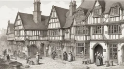 A Paved Courtyard, With Tudor Gothic Houses, Tall twisted Chimneys, twisted Roofs, People, Shops,