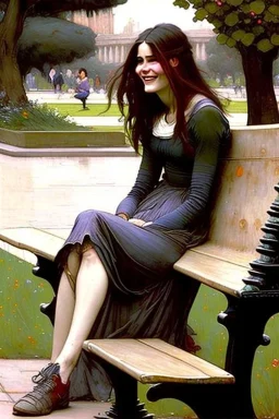 Woman hard laughing sitting on a park bench. John William Waterhouse