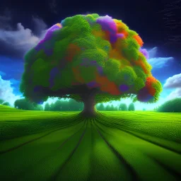 Fabric wrapped around Mother Tree, nature, beautiful, green land, colorful sky paint