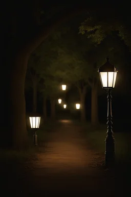 Park at night with lanterns, square bench, and dirt roads, trees, gothic horror films influence, creepy, photography